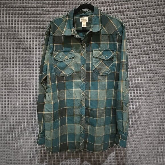 VTG LLBean Snap Flannel Shirt Mens XLTall Green Lightweight Canvas Long Sleeve - Picture 3 of 16